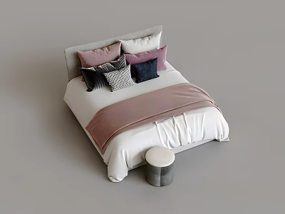 Modern Double Bed with Colorful Pillows Soft Pink Blanket and Round Stool 3d model