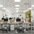 Modern Public Office Space With Workstations Ergonomic Chairs Green Plants And Wooden Bookshelves
