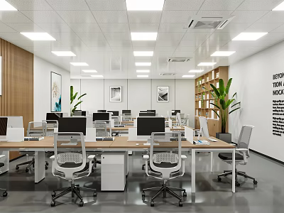 Modern Public Office Space With Workstations Ergonomic Chairs Green Plants And Wooden Bookshelves 3d model