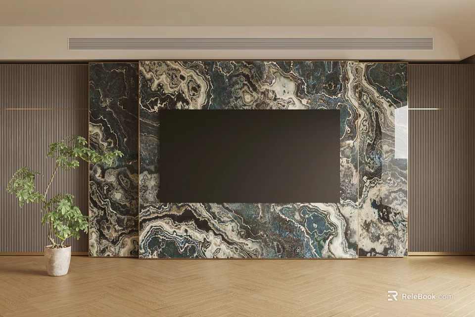 Elegant Marble TV Background Wall Design With Large Flat Screen TV And Natural Texture 3d model