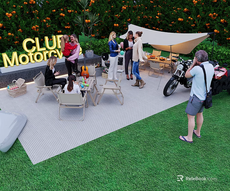 Club Motor Campsite With Outdoor Seating Motorcycle Grass Lawn Sunshade And Fruit Trees 3d model 
