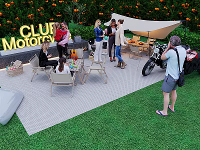 Club Motor Campsite With Outdoor Seating Motorcycle Grass Lawn Sunshade And Fruit Trees 3d model