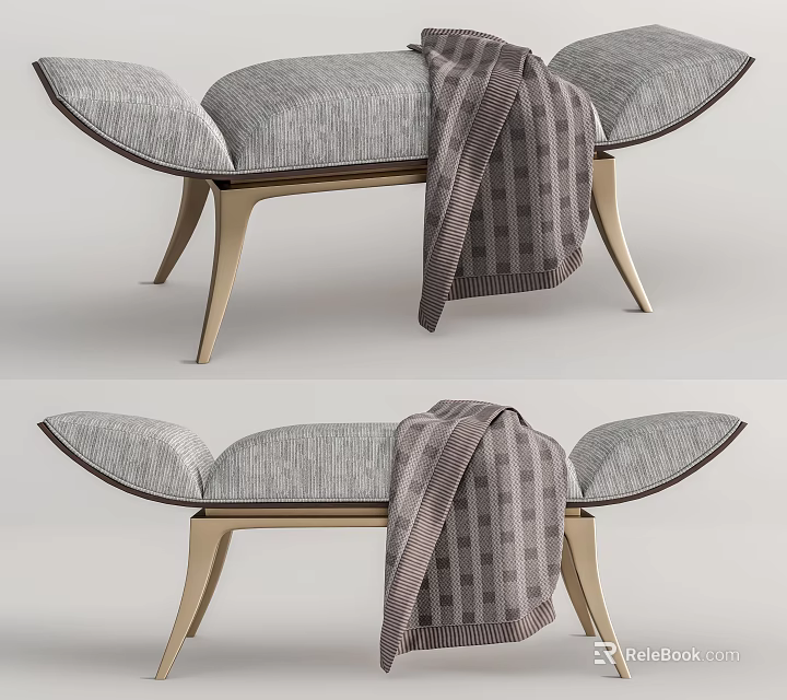 Modern Gray Fabric Footstool Design With Wooden Legs And Draped Striped Blanket 3d model 