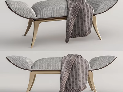 Modern Gray Fabric Footstool Design With Wooden Legs And Draped Striped Blanket 3d model
