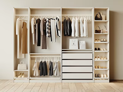 Organized Wardrobe Interior With Various Clothes Hanging Bags Shoes And Drawers On Shelves 3d model