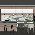 Modern Restaurant Interior With Open Layout Dining Table Chairs Green Plants And Island Counter