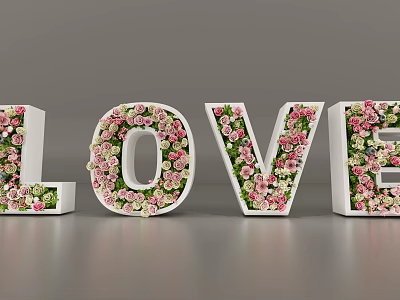 3D LOVE Letters Decorated With Pink And White Flower Blossoms 3d model