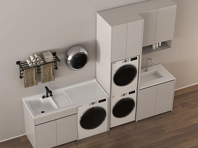 Modern Laundry Room Setup With White Cabinets Washing Machine Dryer And Sink 3d model