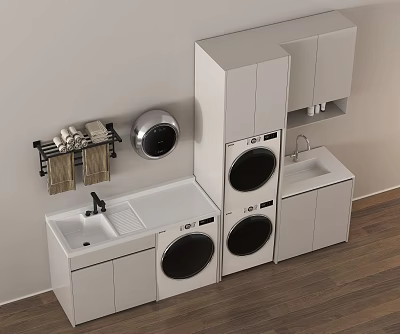 Modern Laundry Room Setup With White Cabinets Washing Machine Dryer And Sink 3d model