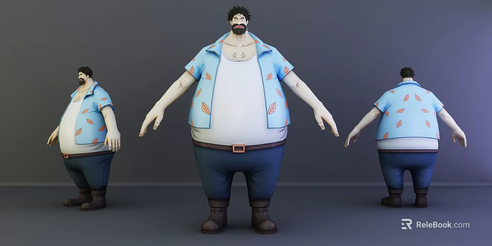 Chubby Game Movie Character 3D Model Shown in Multiple Angles with Blue Shirt Orange Patterns 3d model 