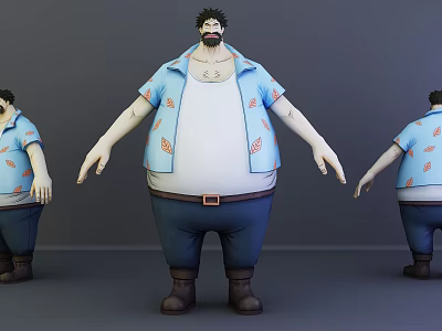 Chubby Game Movie Character 3D Model Shown in Multiple Angles with Blue Shirt Orange Patterns 3d model