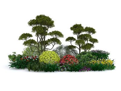 Lush Garden Landscape Featuring Tall Arbor Trees And Colorful Flower Bushes 3d model