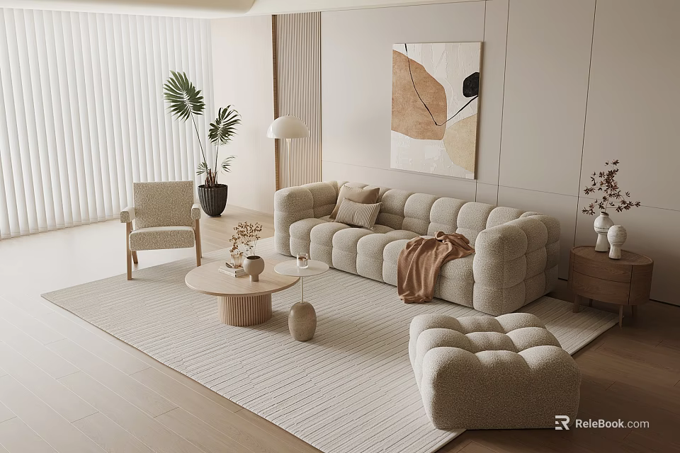 Modern Living Room Interior With Beige Sofa Carpet Decorative Painting Side Table And Plants 3d model 