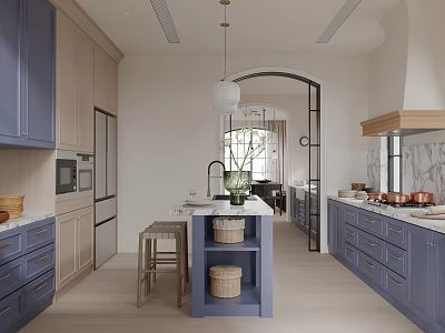 Blue And Beige Kitchen Interior With Central Island Pendant Light And Appliances 3d model