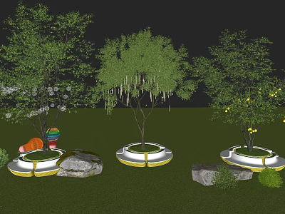 Park Landscape With Various Trees Circular Bases White Yellow Edges Stones And Green Lawn 3d model