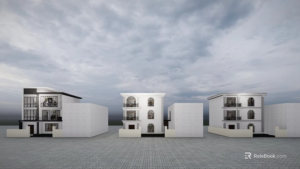 Detached Villa With White Exterior Multi Storey Design And Paved Courtyard 3d model 