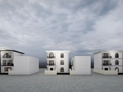 Detached Villa With White Exterior Multi Storey Design And Paved Courtyard 3d model