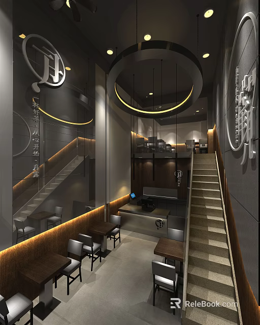 Modern Tea House Interior With Circular Pendant Lights Wooden Stairs And Tables 3d model 