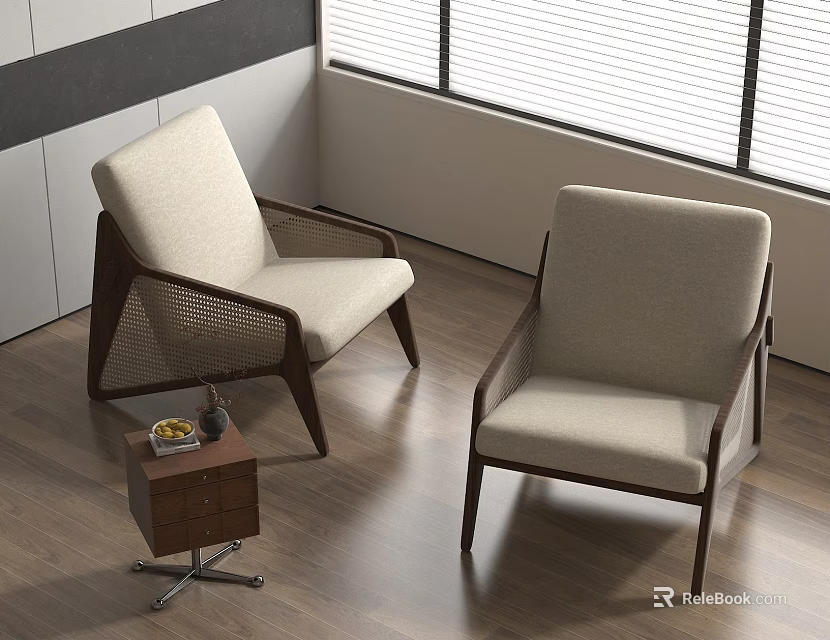 Modern Leisure Chairs With Wooden Frame And Fabric Upholstery In Bright Room With Side Table 3d model 