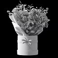 Decorative Ornament Arrangement with Red Roses Green Leaves Berries Pinecones in Cylindrical Box Red Ribbon