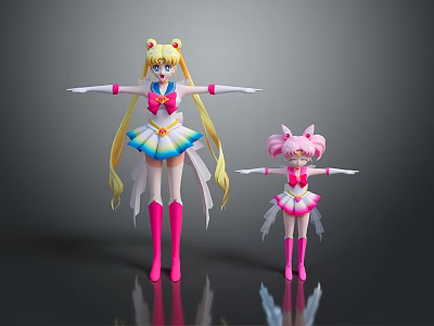 Game Movie Characters Blonde Pink Haired Rainbow Skirts Pink Boots Sailor Outfits Standing Arms Outstretched 3d model