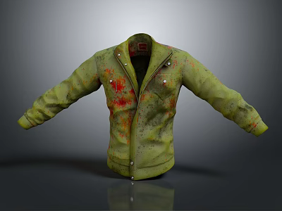 Green Distressed Jacket With Red Black Stains Lapel Collar Button Casual Outerwear 3d model