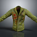Green Distressed Jacket With Red Black Stains Lapel Collar Button Casual Outerwear