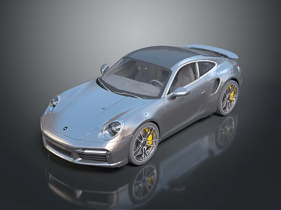 Silver Sports Car With Yellow Wheels Sleek Two Door Design Shiny Finish on Reflective Surface 3d model