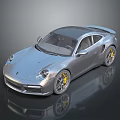 Silver Sports Car With Yellow Wheels Sleek Two Door Design Shiny Finish on Reflective Surface