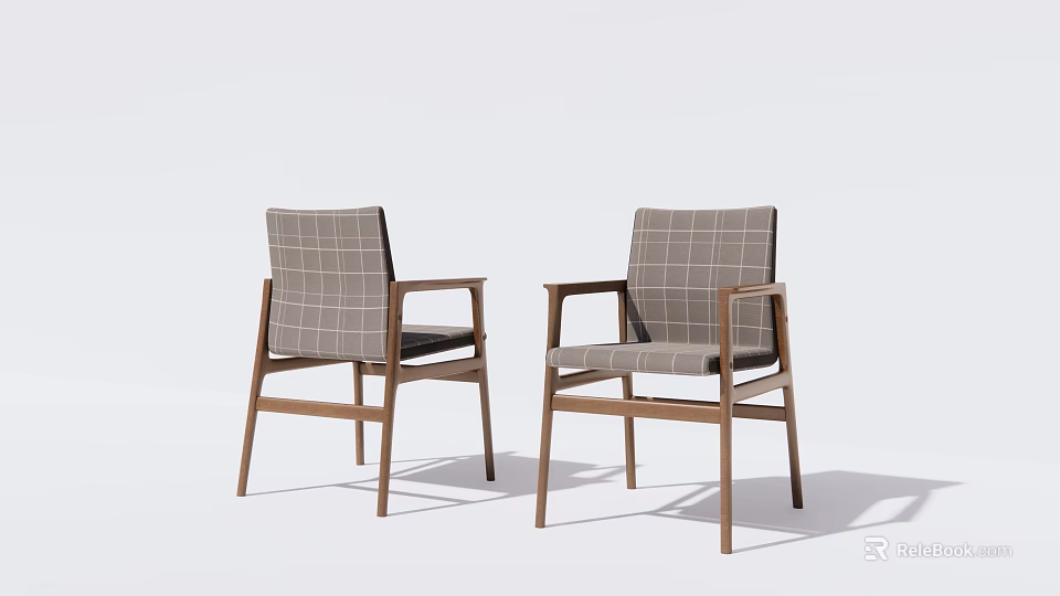 Two Modern Armchairs With Checkered Pattern And Wooden Frame In White Background 3d model 