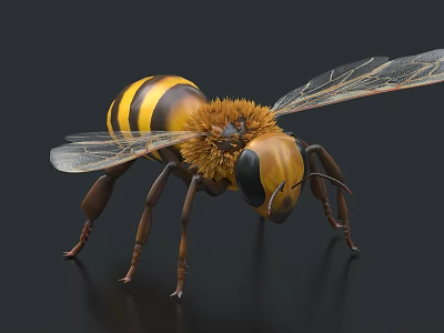 Macro Shot Of Flying Bee With Yellow Black Stripes Hairy Body Transparent Wings Black Background 3d model