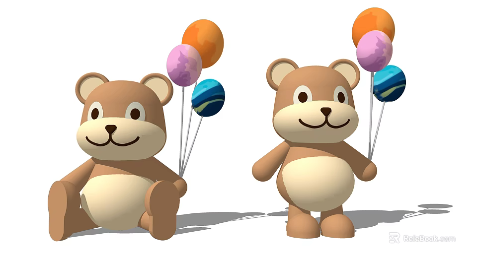 Two Adorable Brown Teddy Bear Dolls Sitting And Standing Holding Colorful Balloons 3d model 