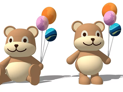 Two Adorable Brown Teddy Bear Dolls Sitting And Standing Holding Colorful Balloons 3d model