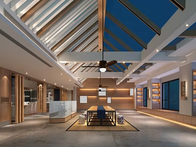 Elegant Modern Chinese Clubhouse Interior With Wooden Beams Skylight And Long Table 3d model