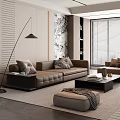 Modern Living Room Interior Design With Brown Sofa Armchair Coffee Table Wall Paneling And Blinds