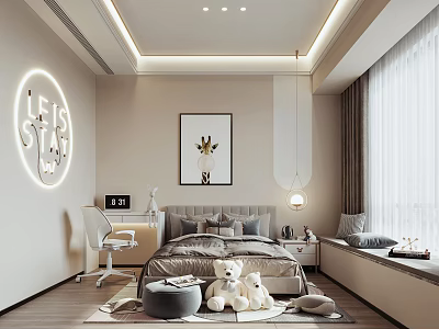 Modern Kids Room With Let's Play Neon Sign Desk Bed Stuffed Toys And Decorative Art 3d model