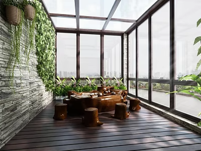 Villa Balcony With Glass Roof Large Windows Wooden Flooring Green Plants And Stone Wall 3d model