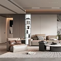 Modern Living Room Interior With Beige Sofa Coffee Table Floor Lamp Green Plant And Bookshelves
