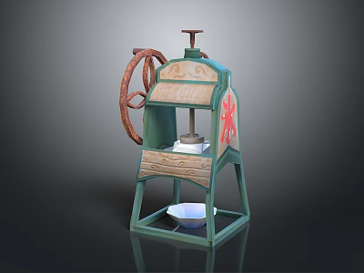 Vintage Manual Press Machine With Green Frame Red Decorations Wooden Wheel And White Bowl 3d model