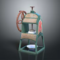 Vintage Manual Press Machine With Green Frame Red Decorations Wooden Wheel And White Bowl