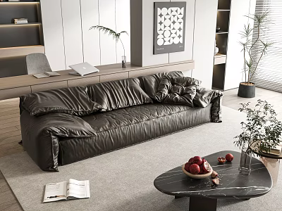 Black Leather Sectional Sofa In Modern Living Room With Marble Coffee Table And Green Plants 3d model