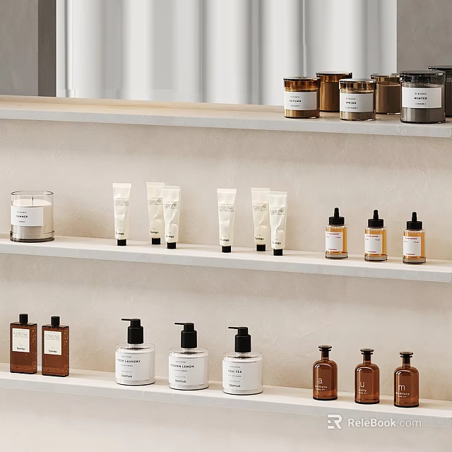 Various Washday Products Arranged On Shelves With Different Bottles And Jars 3d model 
