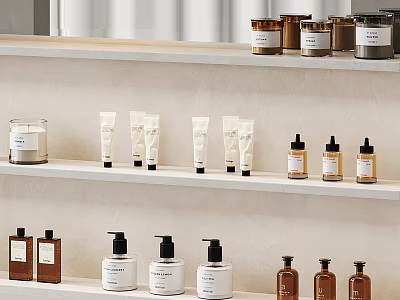Various Washday Products Arranged On Shelves With Different Bottles And Jars 3d model