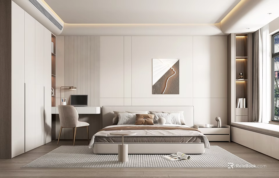Modern Light Colored Bedroom With Bed Writing Desk Accent Chair Wall Art And Area Rug 3d model 