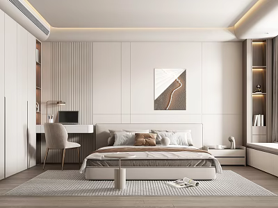 Modern Light Colored Bedroom With Bed Writing Desk Accent Chair Wall Art And Area Rug 3d model