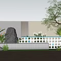 Modern Garden Landscape With White Wall Green Trees Rock Grid Fence And Wooden Deck