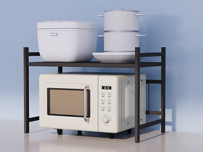 Modern Kitchen Appliances Featuring Microwave Oven And White Pots On Black Rack 3d model