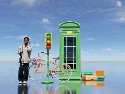 Popular Photo Spot With Green Phone Booth Yellow Bicycle Traffic Light Under Blue Sky 3d model