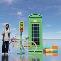 Popular Photo Spot With Green Phone Booth Yellow Bicycle Traffic Light Under Blue Sky