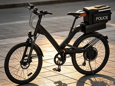 Black Modern Police Bicycle With Rear Mounted POLICE Box On Street Pavement 3d model